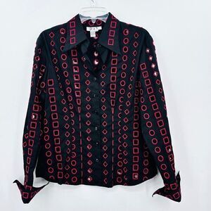 D & Y Black Red Geometric Cutout Blouse Shirt Womens Medium Sexy Clubbing Party